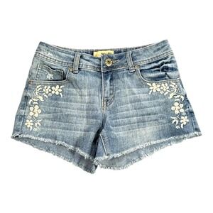 Mudd Womens Denim Shorts Distressed Floral Embroidery Frayed Hem Size 16